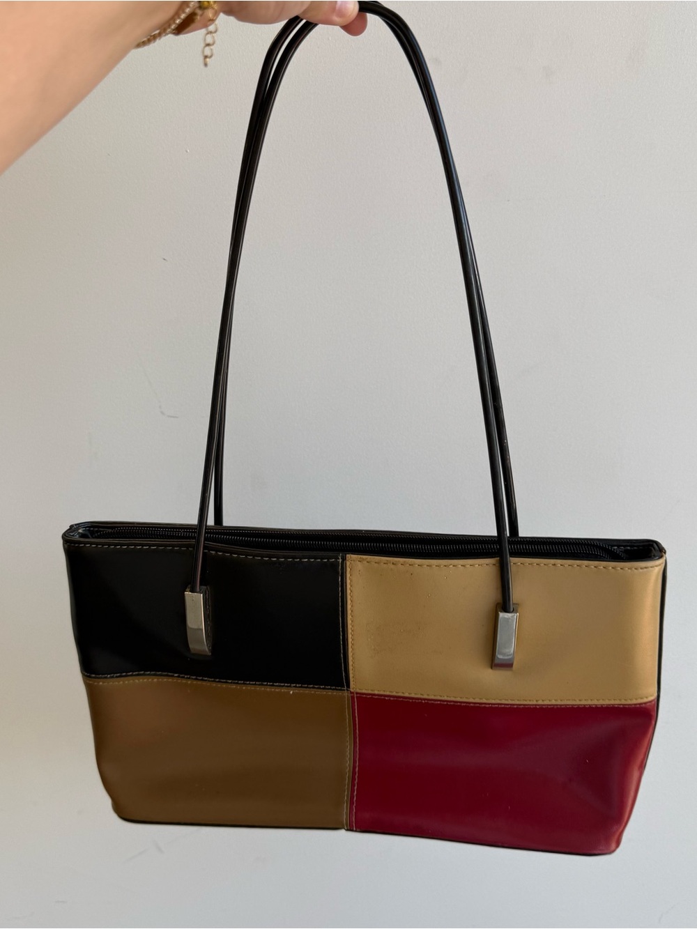 Vintage Colorblock Shoulder Bag in Black, Tan, Brown & Red